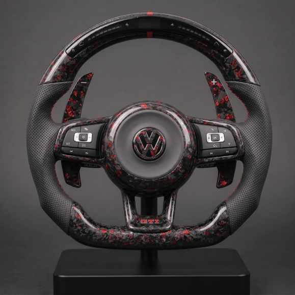 Red forged carbon steering wheel for Golf 7 GTI, perforated leather and LED display, front view