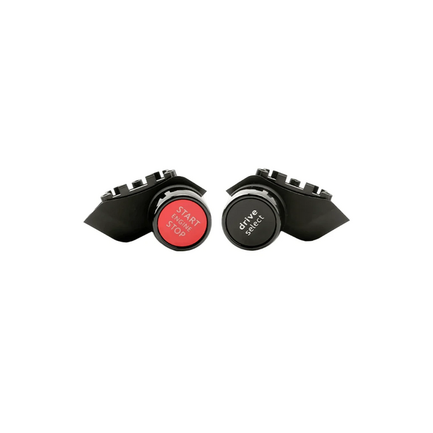 Das Tasten-Kit im R8-Stil: rote Start-Engine-Stop-Taste und schwarze Drive-Select-Taste, bereit zum Einbau ins Lenkrad